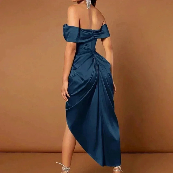 Blue Preppy Womens Off Shoulder Ruched Draped Asymmetrical Hem Dress - Picture 2 of 5
